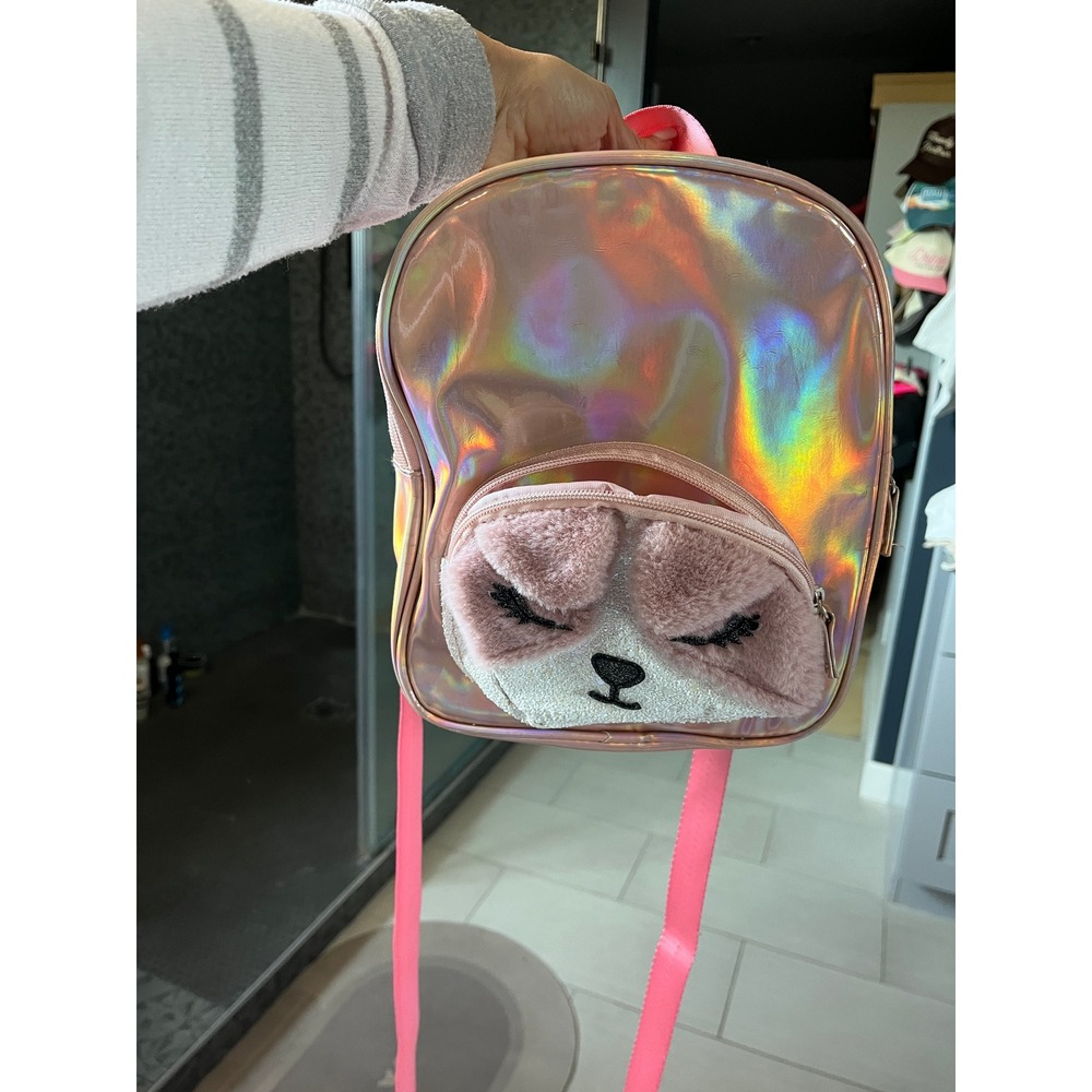 Pink Iridescent Holographic Mini Backpack Plush Animal Face Y2K Kawaii Kids Bag